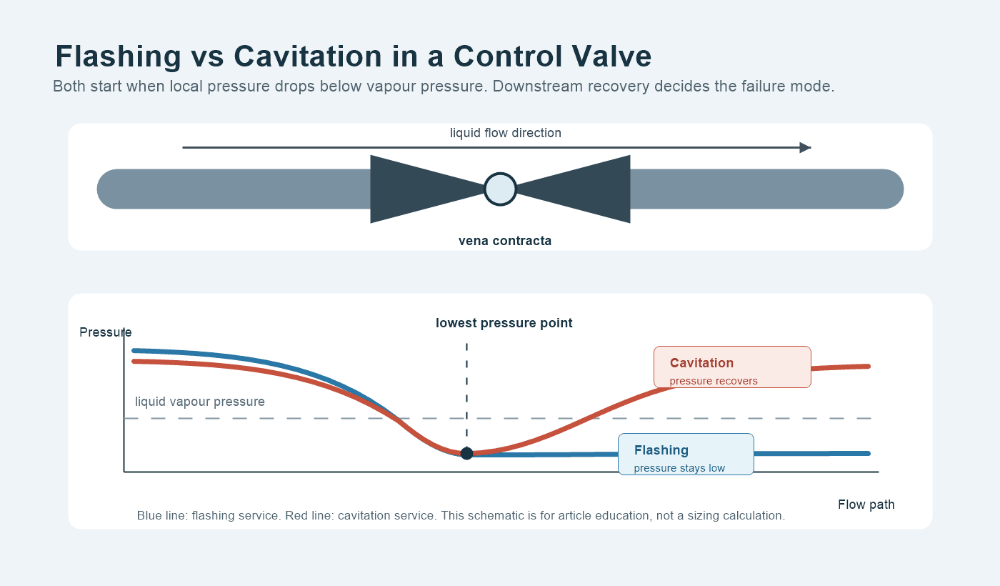 Pressure profiles showing bubble collapse during cavitation and sustained vapour during flashing