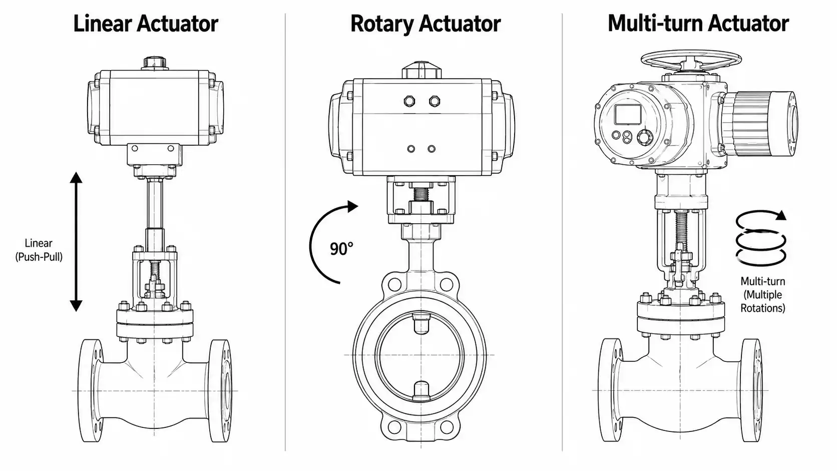 Comparison of linear, part-turn rotary, and multi-turn valve actuator movement