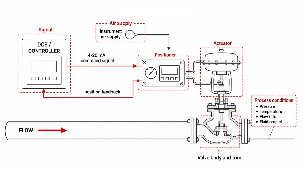 Control valve fault zones from command signal and air supply to actuator, valve body and process
