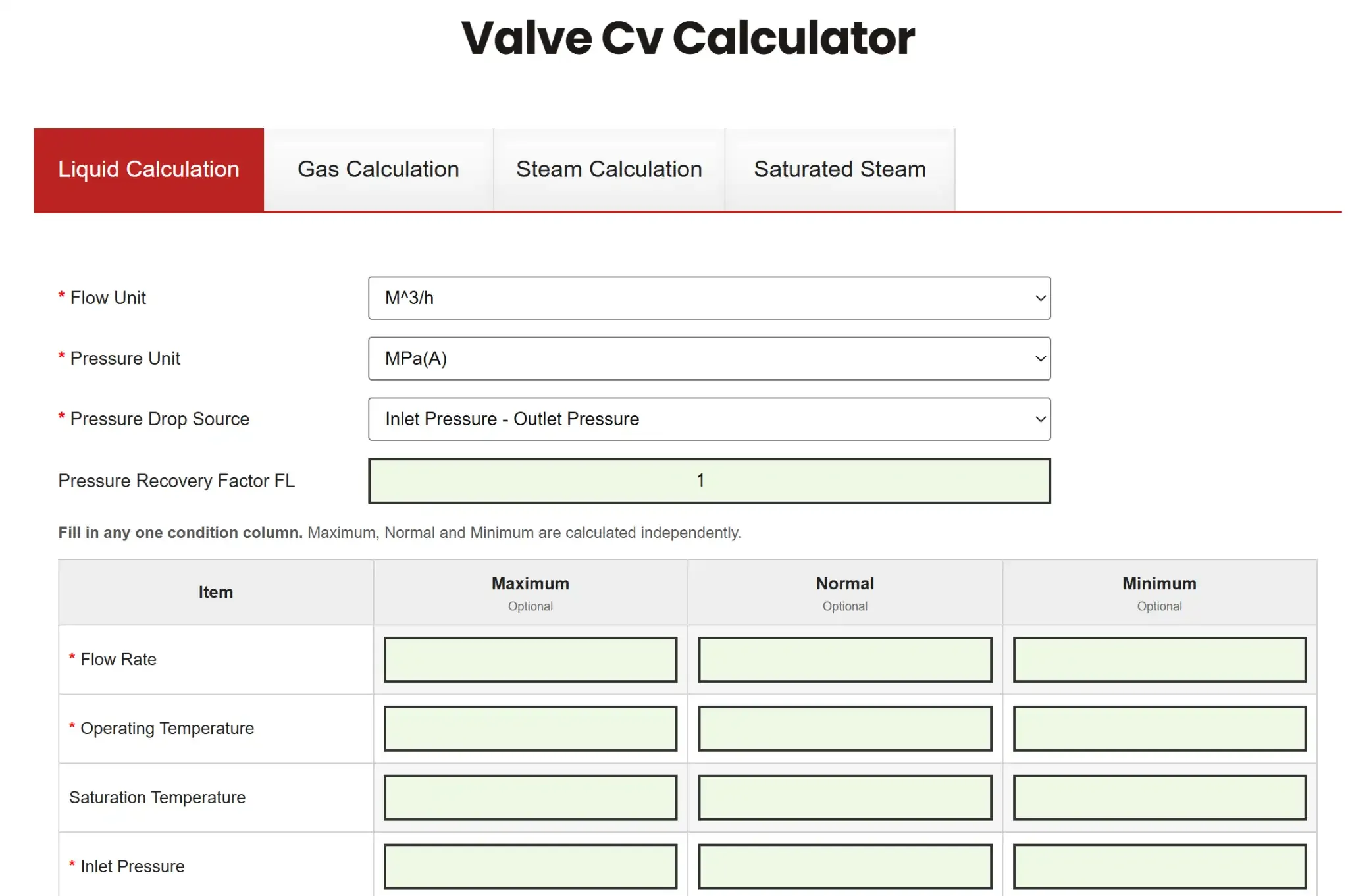 Control Valve CV Calculator