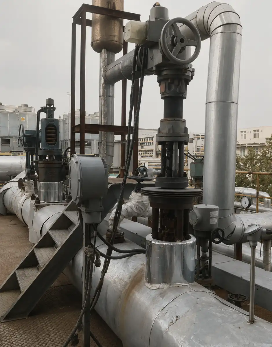 Electric control valve installed above insulated piping
