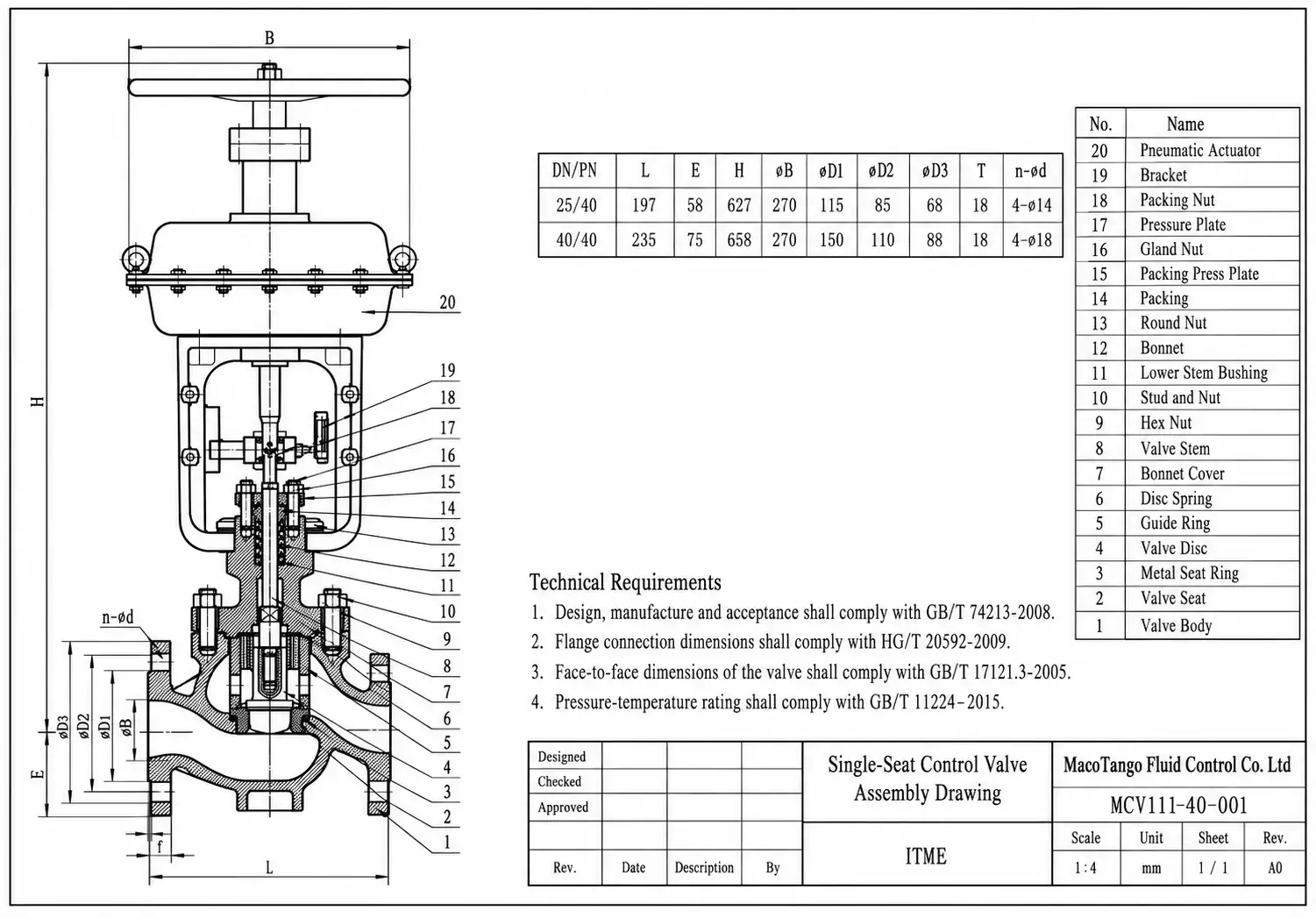 Single Seat Control Valve Assembly Drawing – DN25 PN40