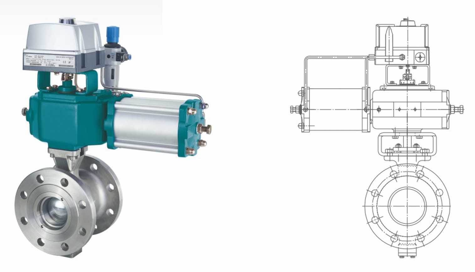 V-port control ball valve with pneumatic actuator and positioner